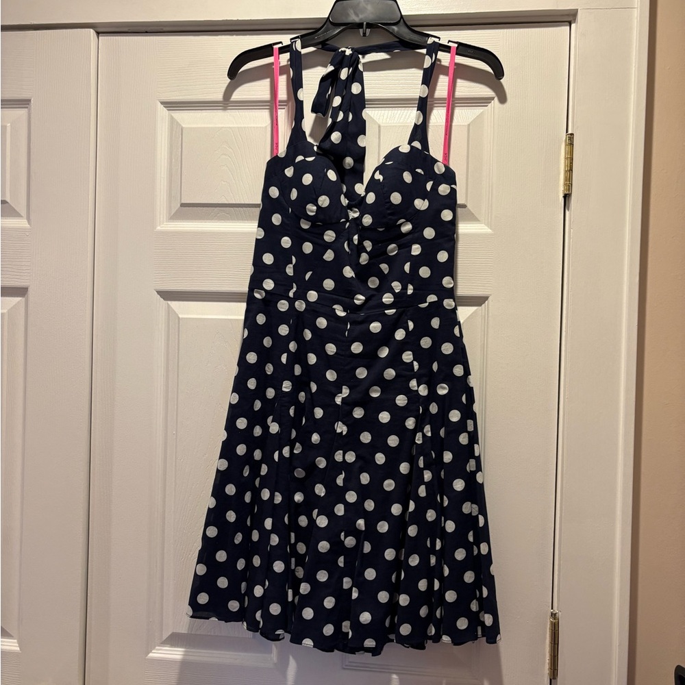 Betsey Johnson Navy Polka Dot Halter Dress with Pink Straps